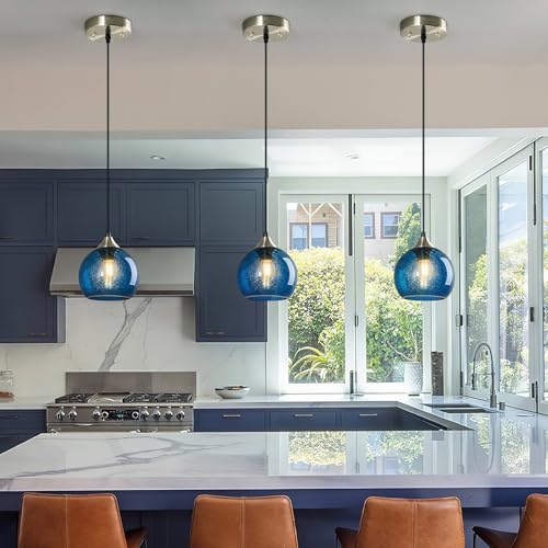 Blue Glass Pendant Lights Kitchen Island Lighting Globe Pendant Light Fixtures Modern Pendant Lighting for Kitchen Island Bedroom Living Dining Room Light Fixture (3 Count)