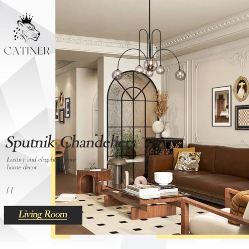 Modern 40" 6 Light Black Sputnik Chandelier with Smoke Glass Globe