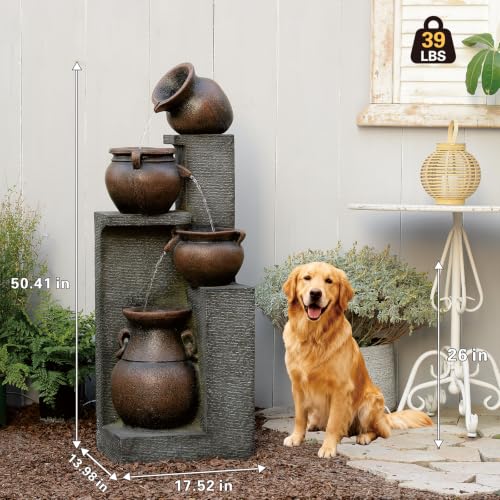 50H Water Fountain Outdoor with 5Tiers Modern Cascading Jar and Stacked Water Fountain with LED Lights for Patio