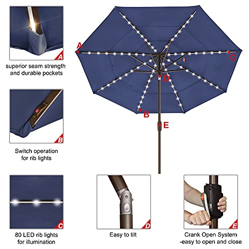 USA 10-Year-Non-Fading 9ft 3-Tier Market Patio Umbrella, Commercial Table Umbrella with 80 Solar LED Lights, Crank Open, Windproof & UPF 50+ UV Protection for Garden, Deck, Pool, Backyard, Navy Blue