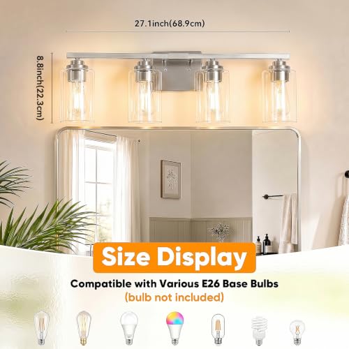 4 Light Brushed Nickel Bathroom Light Fixtures Over Mirror 27 Inches
