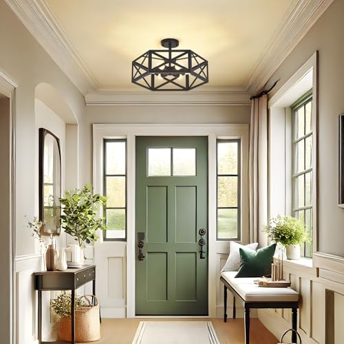 30W Semi Flush Mount Ceiling Light with Remote 19.7" Hexagon Black