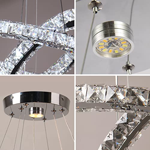 CLAIRDAI 3-Ring Adjustable Crystal Chandelier, Cool White LED | Modern stainless steel LED pendant light fixture for dining room, bedroom, living room, hallway