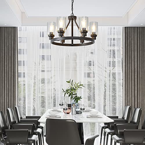 Farmhouse Chandelier Lighting Round 6 Lights Oil Rubbed Bronze with Glass Shade Ceiling Hanging Vintage Rustic Light Fixture for Dining Room Living Room Foyer Porch Kitchen Island