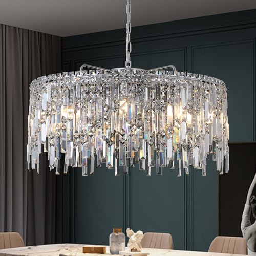 Large Crystal Chandelier 30'' Chrome Modern Chandelier for Dining Room 10 Light Drum Chandelier Luxury K9 Raindrop Crystal Ceiling Pendant Fixtures for Living Room Bedroom Staircase Foyer