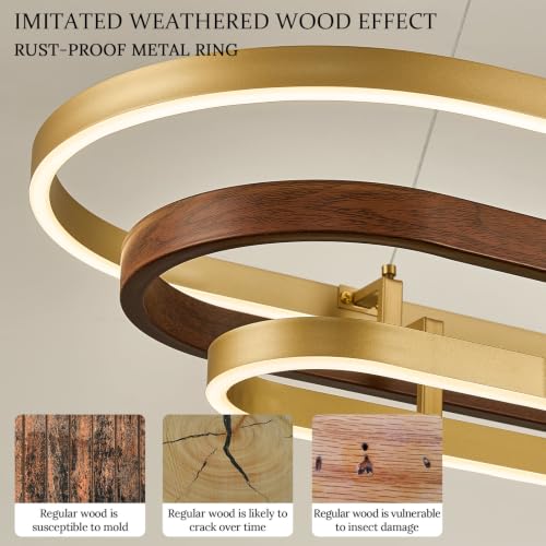 3 Ring LED Chandelier Modern Chandeliers Red Walnut Wood Gold Dimmable 39''