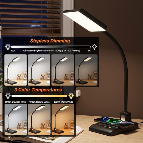 Desk Lamp with Wireless Charger and Night Light for Home Office (Glossy Black)