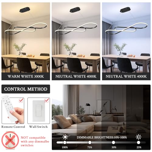 Modern LED Chandelier Black Dimmable LED Pendant Light for Dining Room Light Fixture Over Table Modern Kitchen Island Lighting High Ceiling with Remote for Living Room