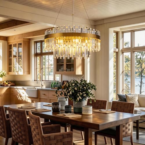 23.6" Brushed Gold Round Crystal Chandelier Dining Room Living Room