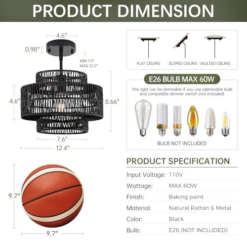 12.4" Black Rattan Pendant Light for Kitchen