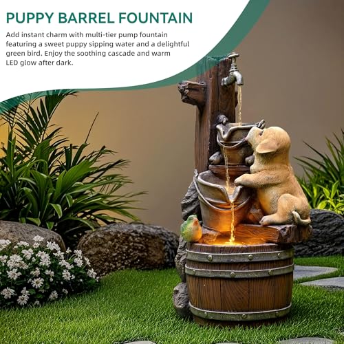 3 Tier Outdoor Fountain with Puppy & Green Bird and LED Lights