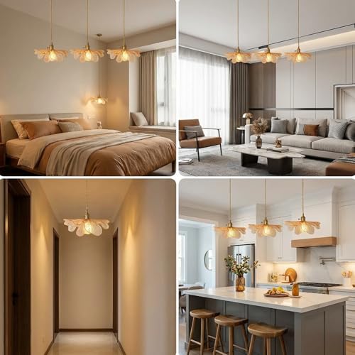 3 Light Vintage Petal Glass Ceiling Hanging Light Adjustable Gold Brass Chandelier Amber Glass Shade LED Linear Island Light for Dining Room Farmhouse
