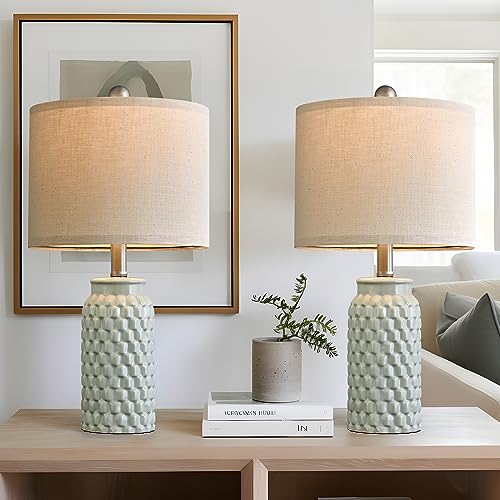 20.5 inches Modern Ceramic Green Bedside Lamp Set of 2 for Bedroom Decor Farmhouse Table Lamp for Living Room Office Dorm (2 Count)