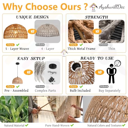 Hemp Rope Woven Pendant Light Woven Light Fixture Boho Chandelier Light Fixture Wicker Pendant Lights Rattan Lights Pendant Dome Wicker Chandelier for Dining Room Kitchen Island