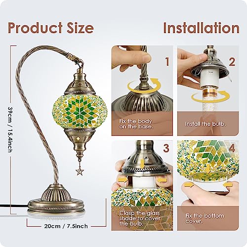 Turkish Moroccan Lamp with Bronze Base 3 Color Options Handmade Swan Neck Mosaic Glass Bedside Lamps for Bedroom