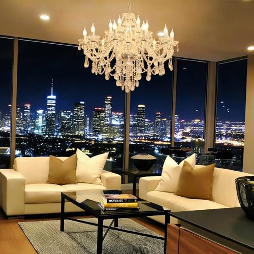 18 Light Double Layer Crystal Chandelier Transparent Modern Ceiling Pendant Light with K9 Crystal for Living Room Dining Room Bedroom Kitchen