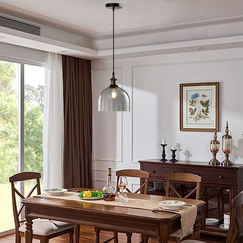 Grey Ribbed Glass Pendant Light Kitchen Island 7.8Inch Black Hanging Lamp