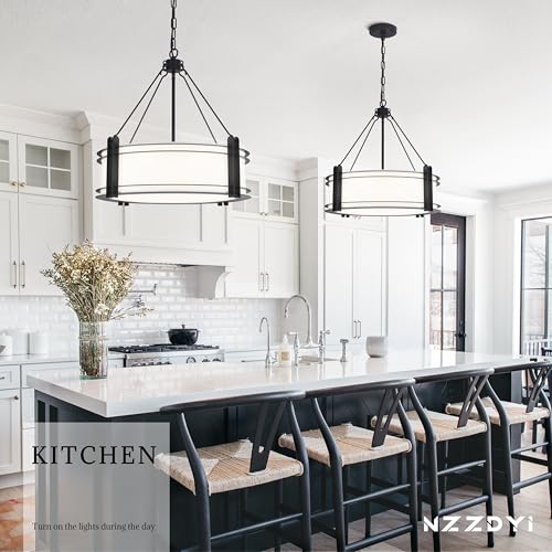 20.4'' Black Drum Chandelier with White Linen Fabric Shade (5 Count)