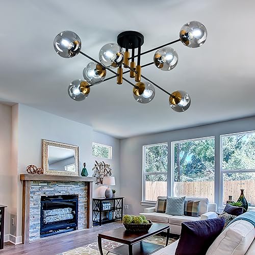 8 Light Glass Globe Ceiling Light Black and Gold Mid Century Flush Mount Sputnik Light Fixture Bubble Chandelier Living Room Farmhouse for Dining Room Kitchen Bedroom