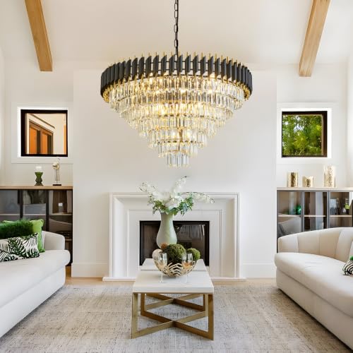 Modern Large Crystal Chandeliers Black and Gold 35" Round 7 Tiers 18 (19 Count)