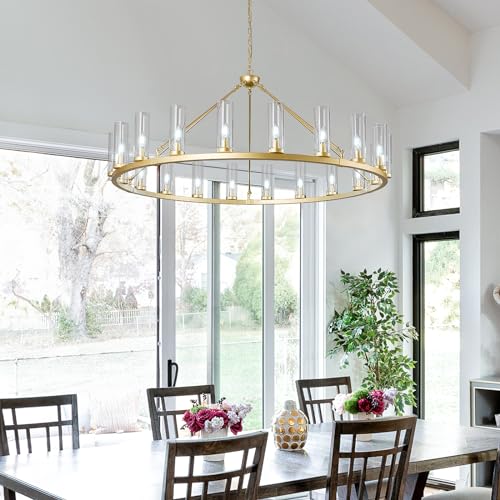 20 Light Large Wagon Wheel Chandelier with Clear Glass Shade Gold Round Pendant Light Farmhouse Industrial Chandeliers Dining Room Light Fixture for Stair Living Room Foyer Kitchen