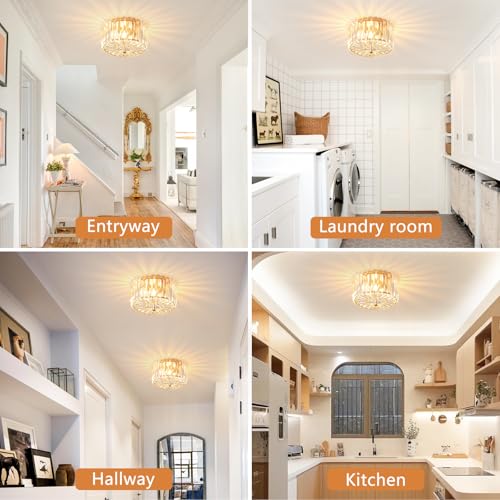 8.89-Inch 2-Light Gold Crystal Flush Mount Ceiling Light Fixture