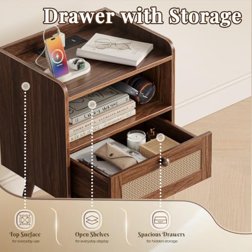 Nightstand with Charging Station & Rattan