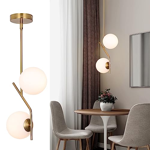 Brass Pendant Lighting 2 Light Chandelier Gold Globe Pendant Light Fixture Indoor Hanging Light Fixture for Kithchen Island Dinning Room Bedroom