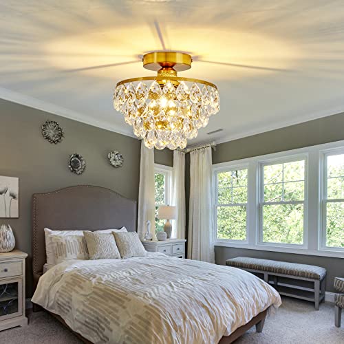 Modern E26 Small Crystal Chandelier Semi Flush Mount Ceiling Light Fixture Gold Ceiling Lamp for Hallway Bedroom Bathroom Closet Bedroom Foyer