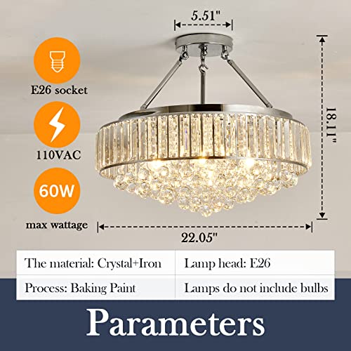 6 Light Modern Large Round Crystal Chandelier Chrome Semi Flush Mount Ceiling Light Fixtures E26 Ceiling Lamp for Dining Room Living Room Laundry Room Foyer Kitchen Balcony Bedroom
