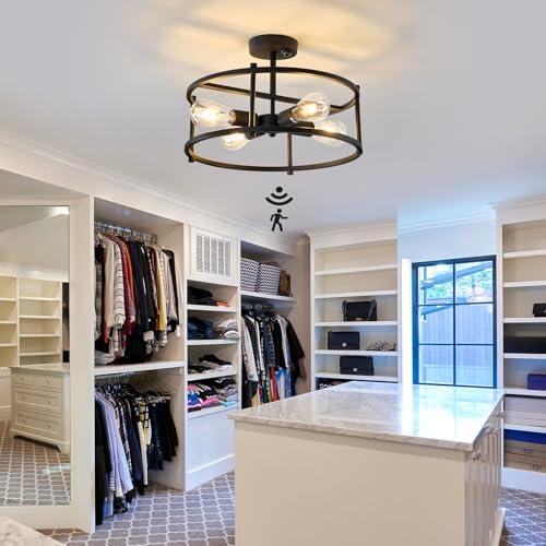 Motion Sensor Ceiling Light Indoor Industrial 4 Light Semi Flush Mout Ceiling Light Fixture Black Overhead Light for Entryway Hallway Closet Porch Front Farmhouse