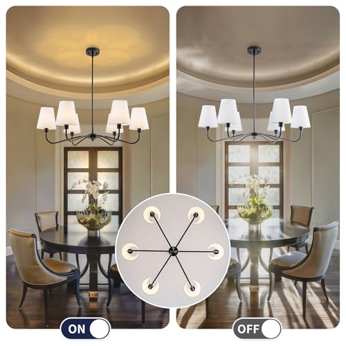 Black Farmhouse Chandeliers Over Table with White Fabric Shade