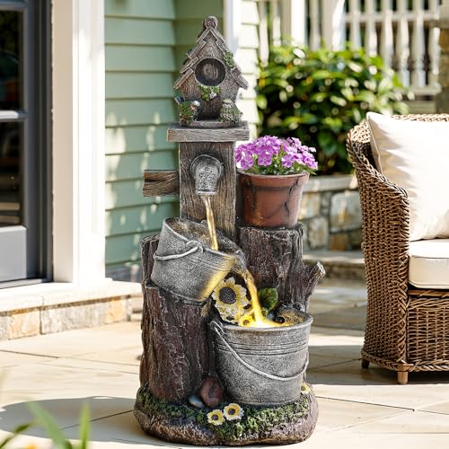 20" 3 Tier Resin Birdhouse Water Fountain with Warm LED Lights