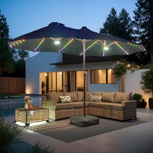 15ft Large Patio Umbrellas with Base & Solar Lights