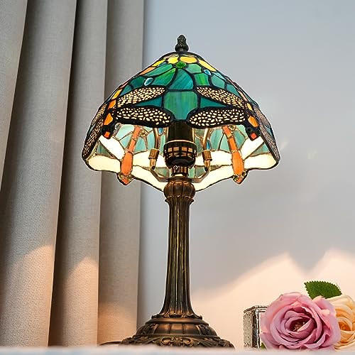 Tiffany Lamp Style Stained Glass Table Lamp Teal Dragonfly Green Bedroom Bedside Light for Office Dorm Bar Decor Retro Unique Cute fun Small Night Light Gift Aesthetic Accent Village Nightstand Lamps