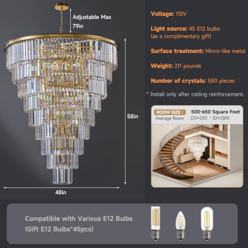 48 Inch Gold Tiered Crystal Tube Chandelier