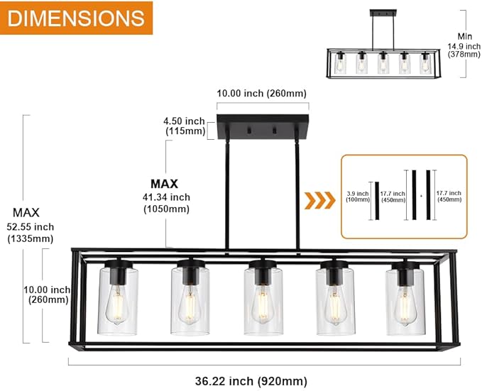 VINLUZ Farmhouse Chandeliers Rectangle Black 5 Light Dining Room Lighting Fixtures Hanging, Kitchen Island Cage Pendant Lights Contemporary Modern Ceiling Light with Glass Shade Adjustable Rods - Aura Lighting