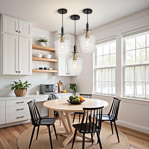 Stripes Clear Glass Pendant Light for Kitchen Island Black Gold 8 Inch