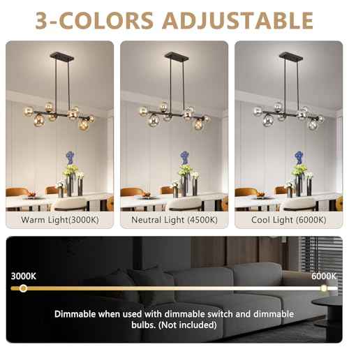 Jonsi Dining Room Light Fixture Over Table, Mid Century Chandeliers, Modern 8 Lights Smoke Grey Globe Glass Linear Chandelier Adjustable Ceiling Hanging for Living Dining Room Kitchen Island, Black