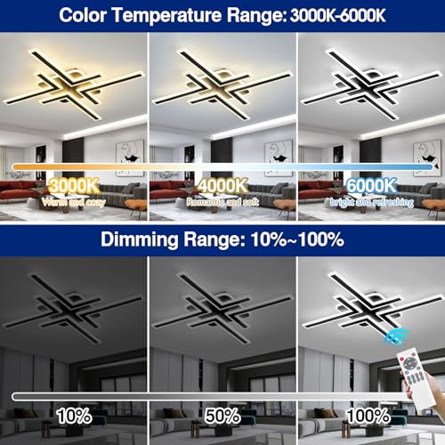 Modern Sputnik Flush Mount Ceiling Light Fixture 34.25Inches LED Dimmable Ceiling Light with Remote Control 3 Color 64W Black Chandelier for Kitchen Dining Room Living Room Bedroom