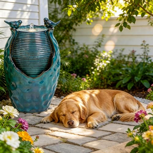 Autodaya 25" H Jar Ceramic Outdoor Water Fountain with LED Lights and Birds