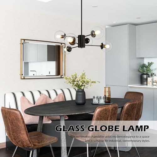6 Light Globe Sputnik Chandelier Modern Black Sputnik Chandelier Mid Century Pendant Light Matte Black Finished with Clear Globe Glass Lampshade Chandeliers for Dining Room Kitchen