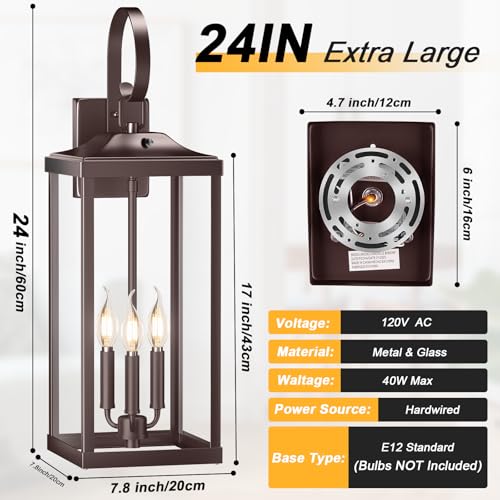 24" Extra Large Oil Rubbed Bronze Dusk to Dawn Outdoor Wall Lantern 3 (2 Count)