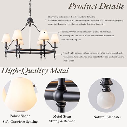 6 Light W34 Inch Matte Black Statement Chandelier with White Pleated Fabric Shades and Alabaster Finials Large Round Designer Lighting for Dining Room Living Room