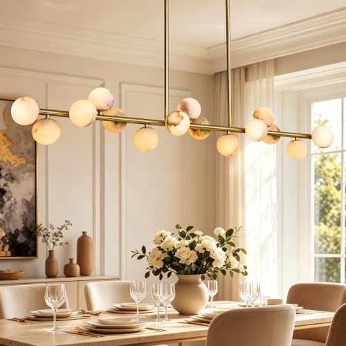 16 Light Gold Linear Alabaster Chandelier with Sputnik Globe Shades