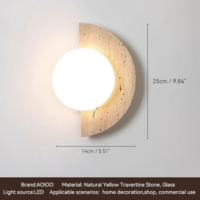 Natural Travertine Stone Wall Sconce, Half Moon LED Wall Light Fixture,Glass Globe and Pull Chain Switch Wall Lamp,Modern Minimalist Lunar Lamp for Bedroom Bedside,Living Room Accent Decor(Two kinds)