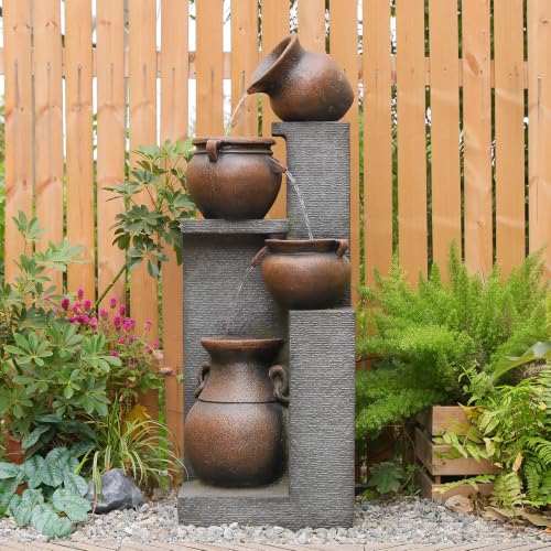 50H Water Fountain Outdoor with 5Tiers Modern Cascading Jar and Stacked Water Fountain with LED Lights for Patio