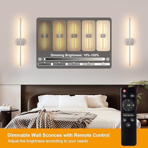 40 Inch Sand Nickel Battery Operated Wall Sconces Set of 2 with Remote (2 Count)
