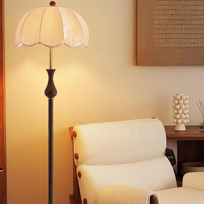 Wabi-sabi Fabric and Wood Grain Floor Lamp with E27 3-Color Dimmer - Modern Tall Lamp for Living Room, Reading Room, Bedroom, Dining Room