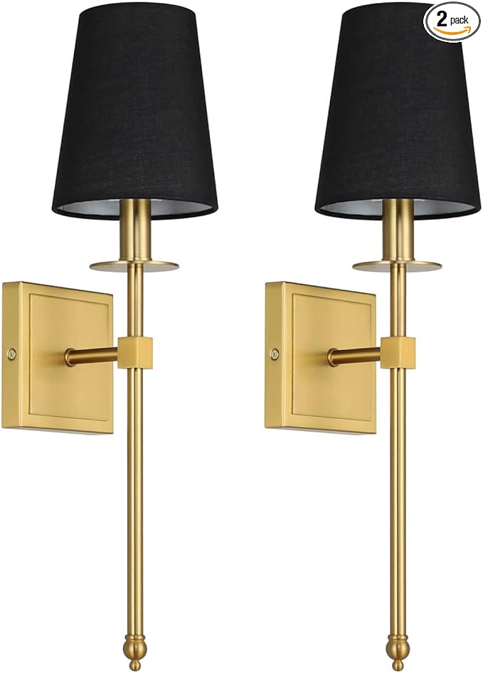 XiNBEi Lighting Wall Sconces Set of 2, Hardwired Brushed Brass Sconce Lighting with Black Fabric Shade Modern Wall Mount Light Fixture for Bathroom Bedroom Living Room Hallway XB-W1307-BS